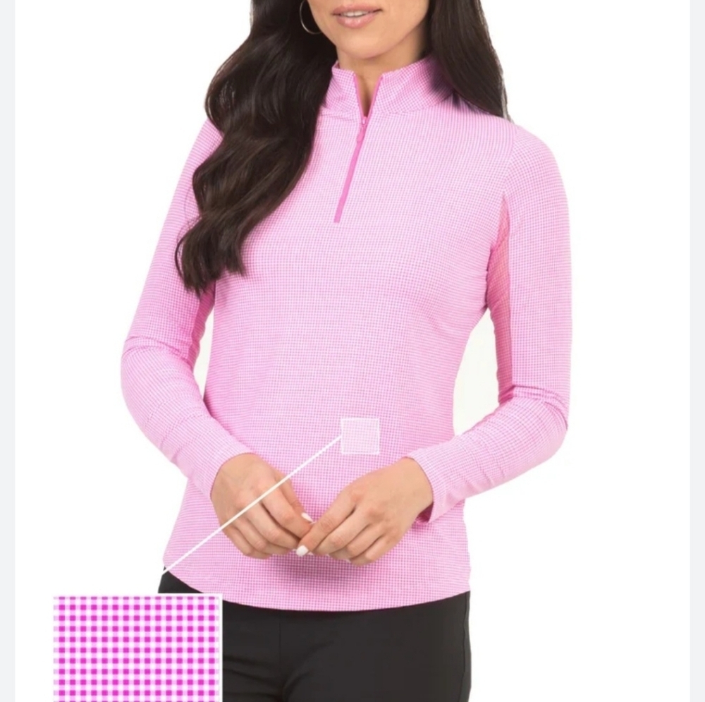 IBKUL WOMEN'S GINGHAM UPF 50+ LONG SLEEVE 1/4 ZIP GOLF SHIFT. SIZE XL PIINK.